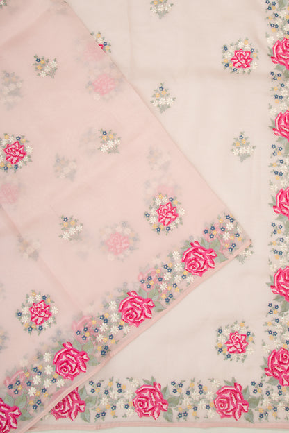 Organza Floral Embroidery Butta Pink Saree