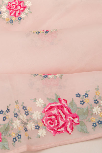 Organza Floral Embroidery Butta Pink Saree