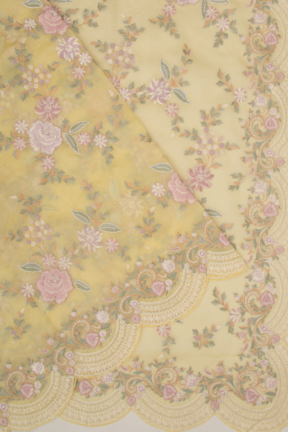 Organza Floral Embroidery Lemon Yellow Saree With Scallop Border