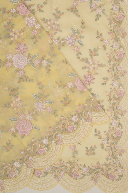 Organza Floral Embroidery Lemon Yellow Saree With Scallop Border