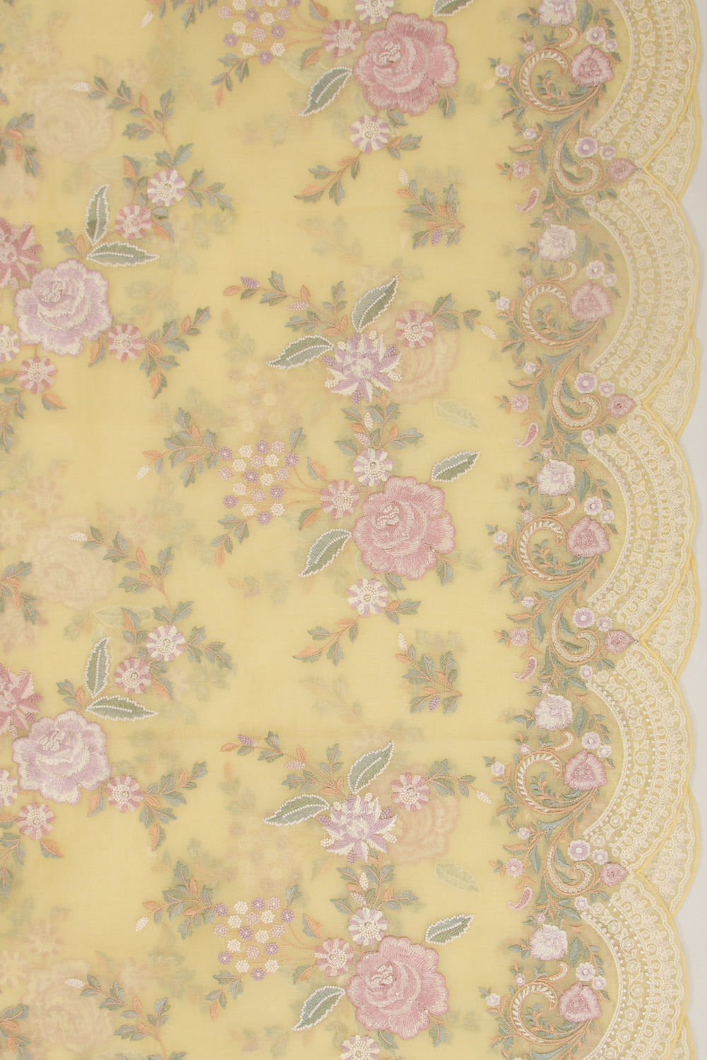 Organza Floral Embroidery Lemon Yellow Saree With Scallop Border