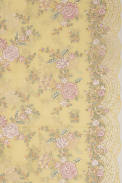 Organza Floral Embroidery Lemon Yellow Saree With Scallop Border