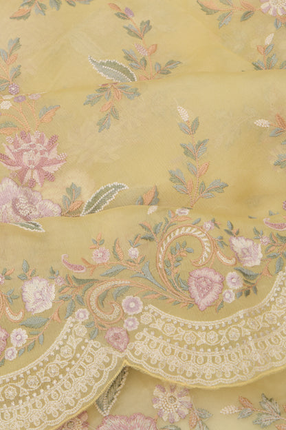Organza Floral Embroidery Lemon Yellow Saree With Scallop Border