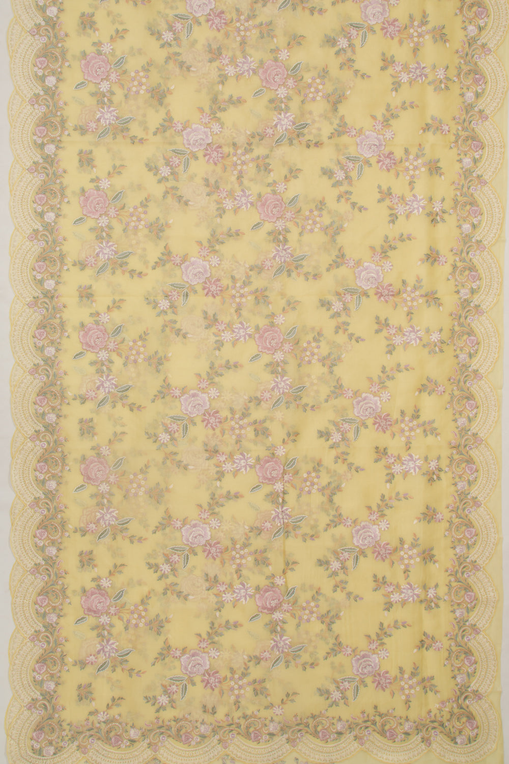 Organza Floral Embroidery Lemon Yellow Saree With Scallop Border