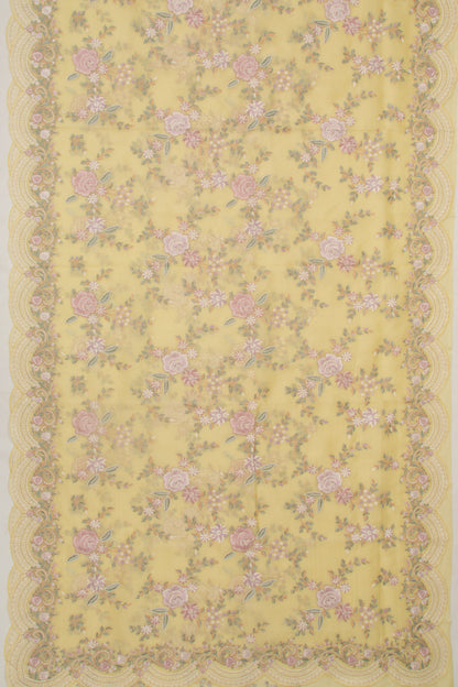 Organza Floral Embroidery Lemon Yellow Saree With Scallop Border