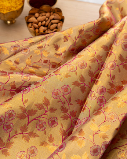 Taranga Kanchi Silk Jaal Tissue Gold Saree With Rakhi and Gift Box
