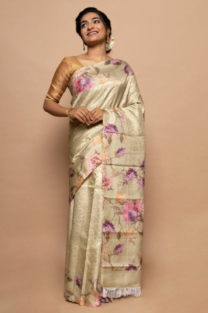 Kanchipuram Silk Jaal Cream Saree With Floral Satin Border