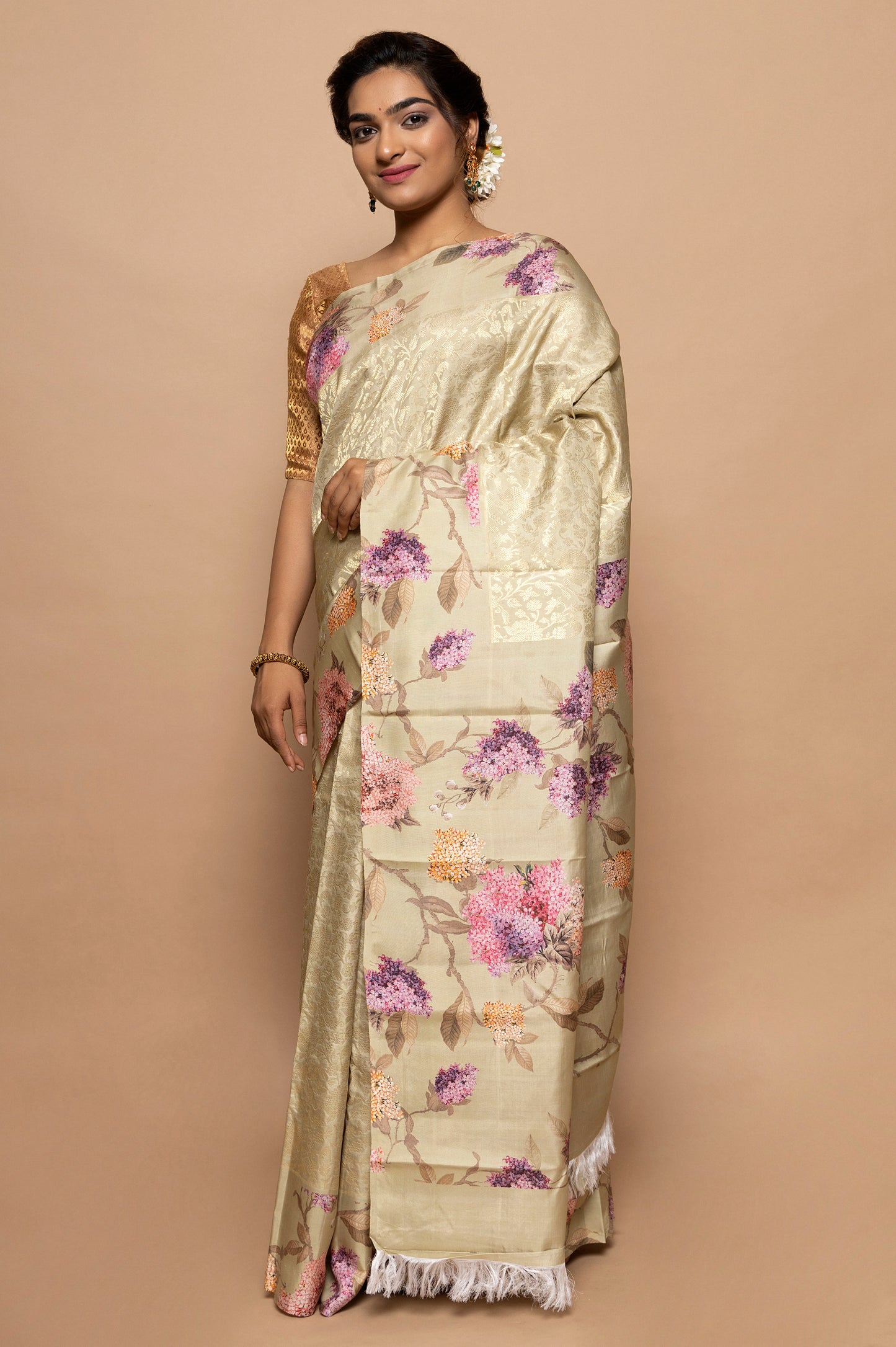 Kanchipuram Silk Jaal Cream Saree With Floral Satin Border