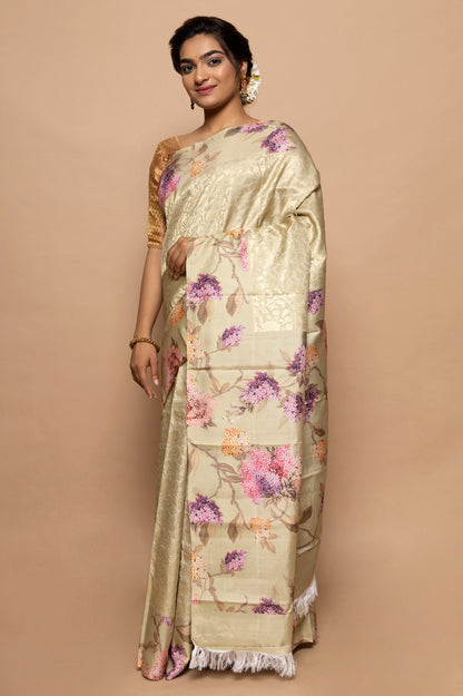 Kanchipuram Silk Jaal Cream Saree With Floral Satin Border