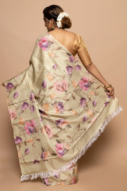 Kanchipuram Silk Jaal Cream Saree With Floral Satin Border