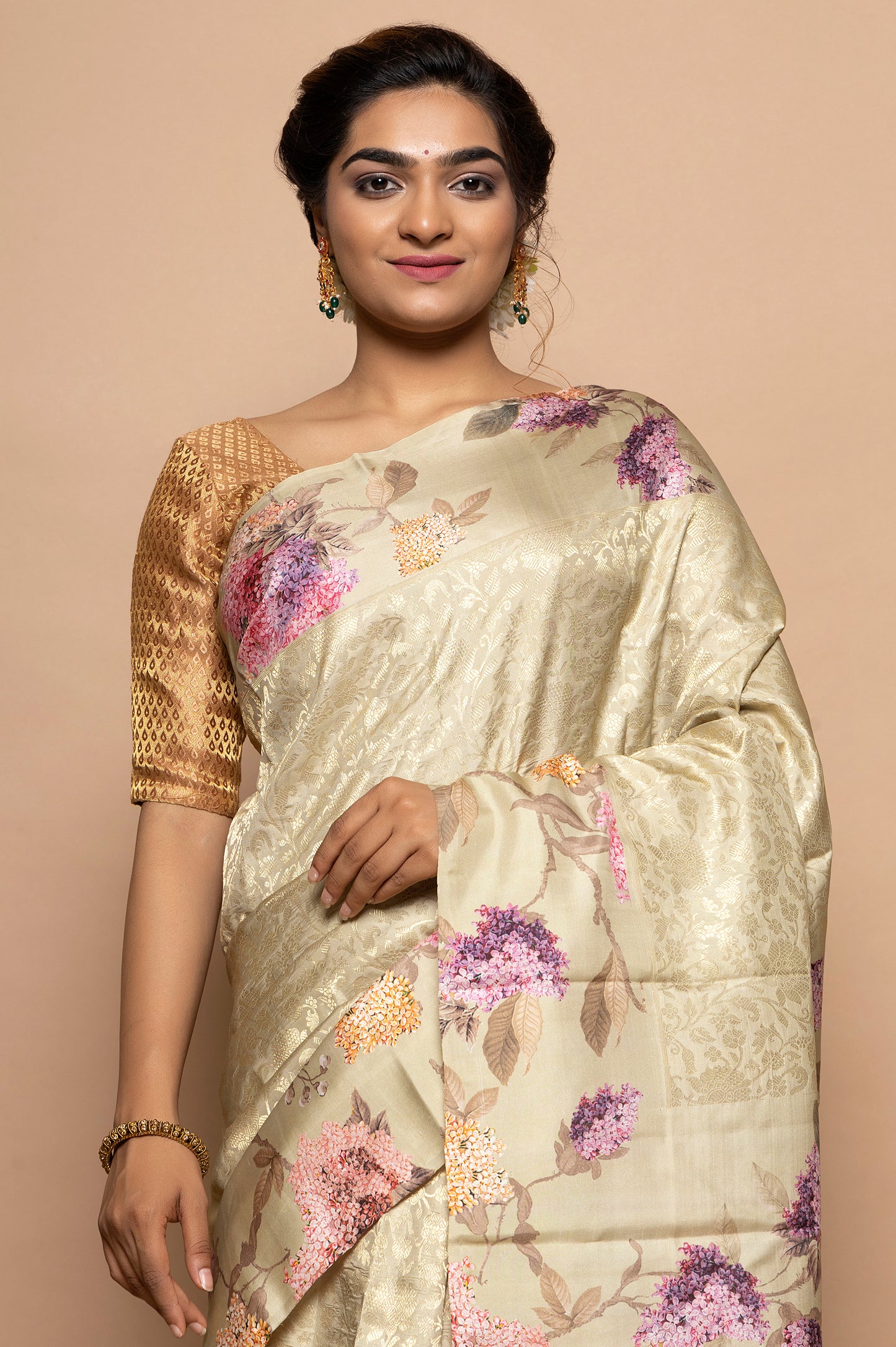 Kanchipuram Silk Jaal Cream Saree With Floral Satin Border