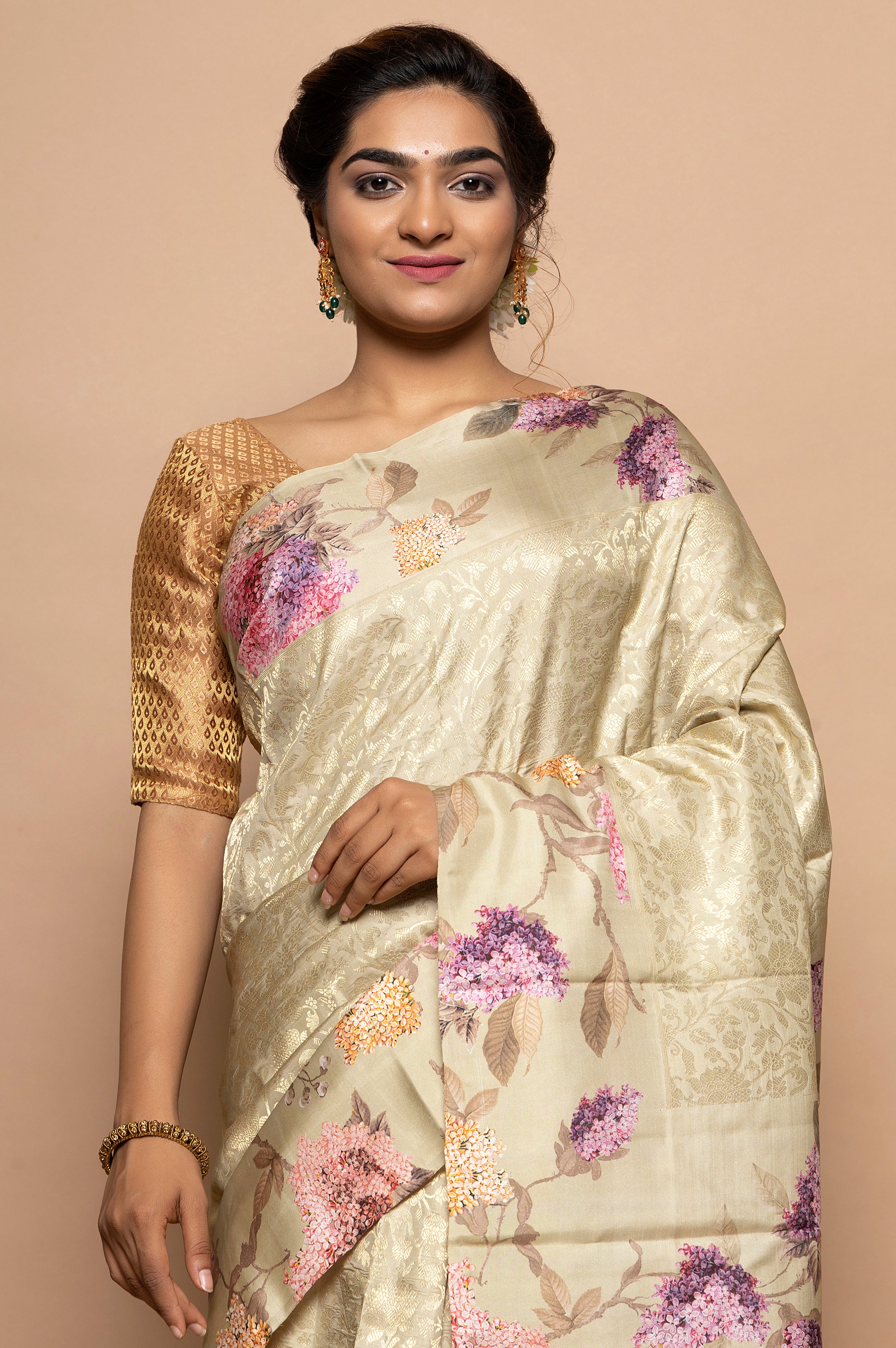 Kanchipuram Silk Jaal Cream Saree With Floral Satin Border