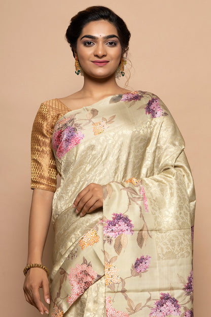 Kanchipuram Silk Jaal Cream Saree With Floral Satin Border
