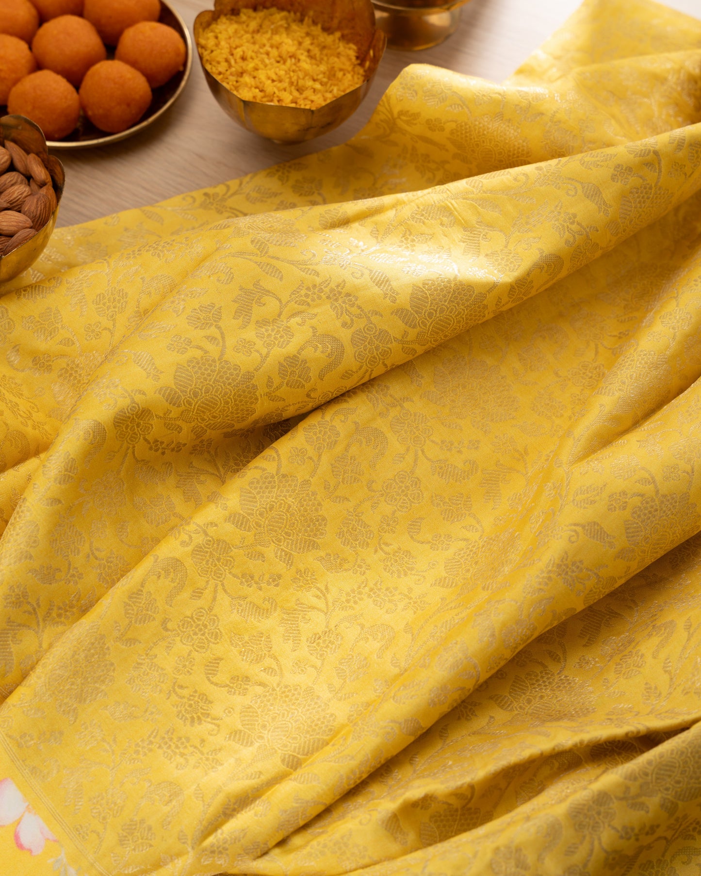 Kanchipuram Silk Brocade Yelllow Saree With Floral Print Border With Rakhi and Gift Box