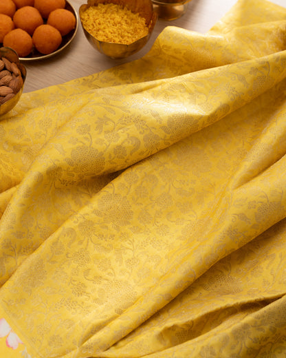 Kanchipuram Silk Brocade Yelllow Saree With Floral Print Border With Rakhi and Gift Box