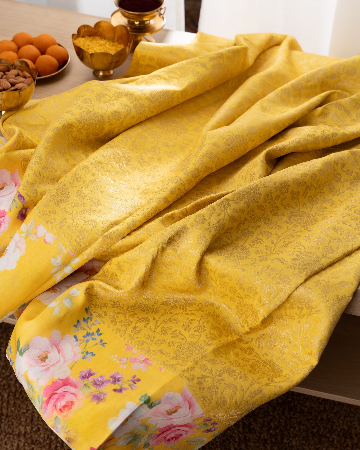 Kanchipuram Silk Brocade Yelllow Saree With Floral Print Border With Rakhi and Gift Box
