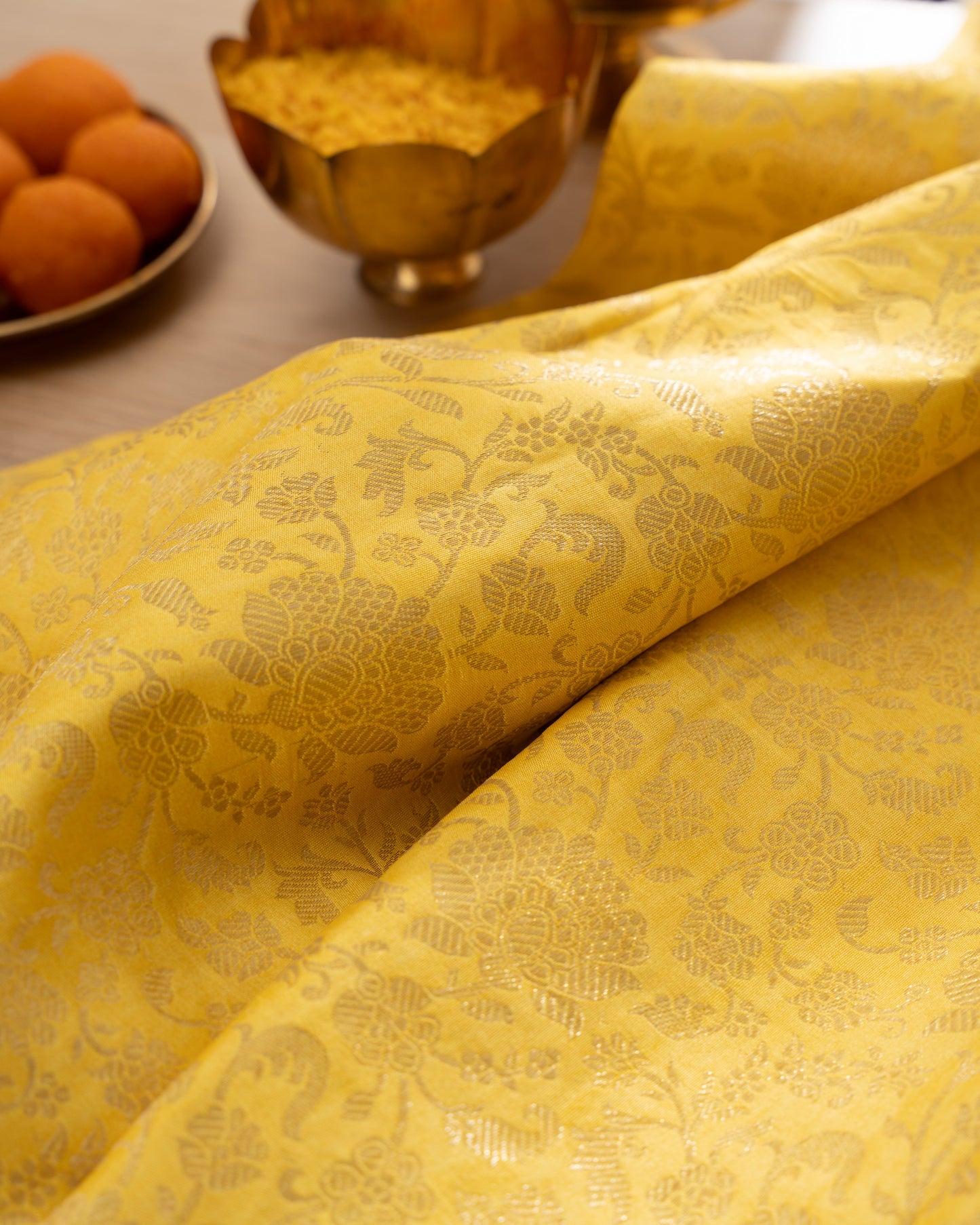 Kanchipuram Silk Brocade Yelllow Saree With Floral Print Border With Rakhi and Gift Box