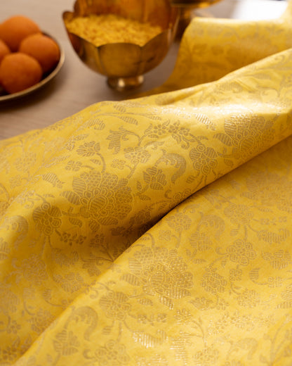 Kanchipuram Silk Brocade Yelllow Saree With Floral Print Border With Rakhi and Gift Box