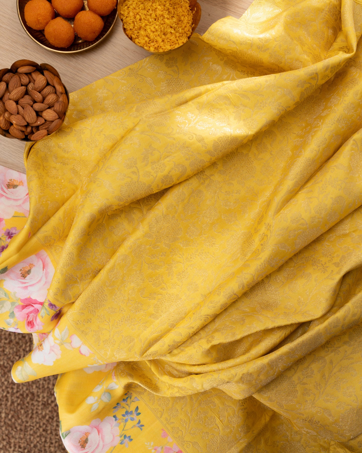 Kanchipuram Silk Brocade Yelllow Saree With Floral Print Border With Rakhi and Gift Box