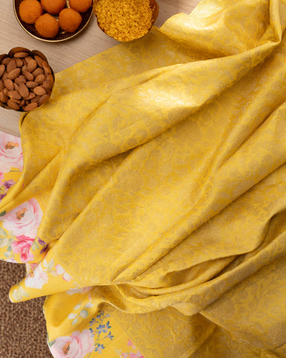 Kanchipuram Silk Brocade Yelllow Saree With Floral Print Border With Rakhi and Gift Box