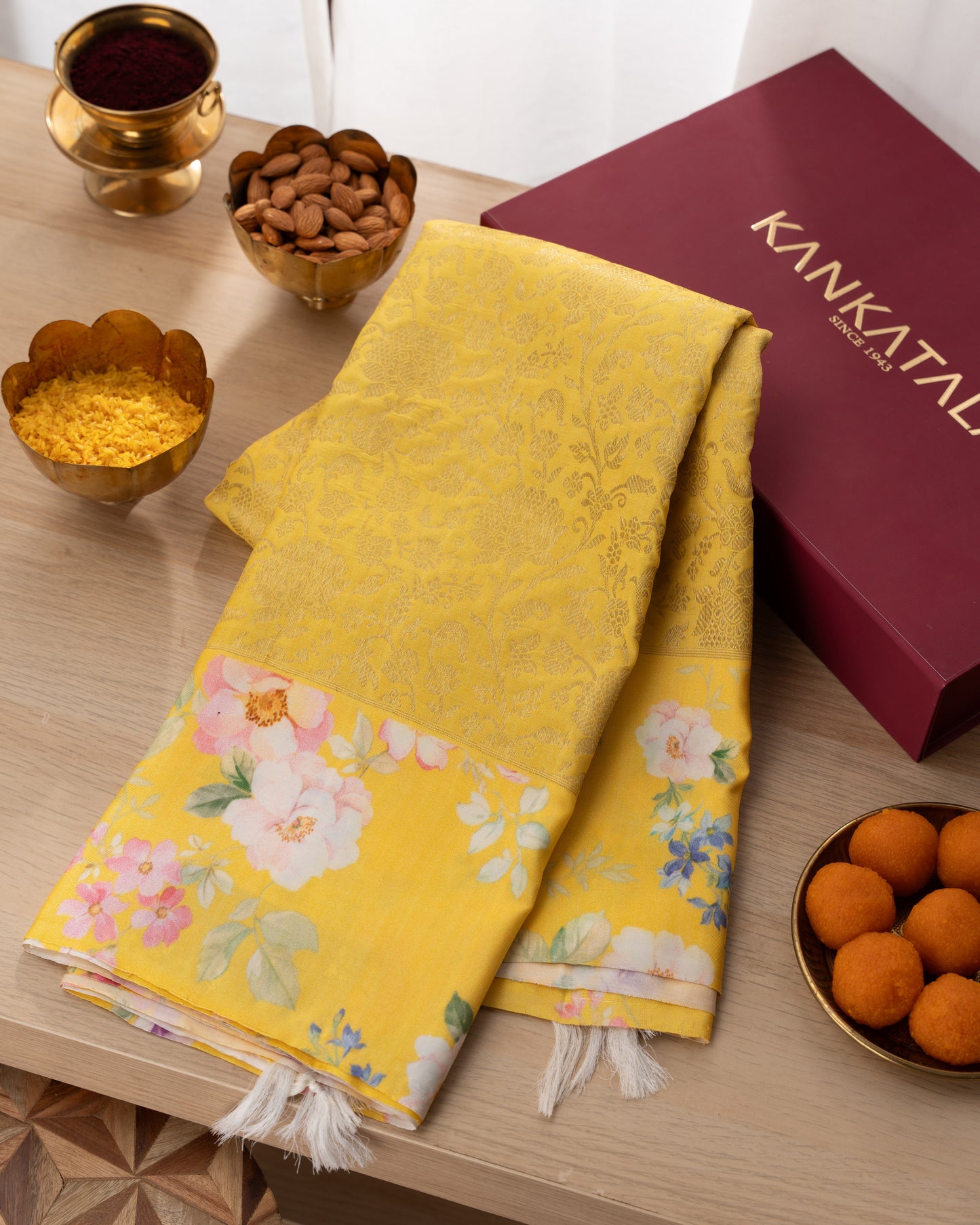 Kanchipuram Silk Brocade Yelllow Saree With Floral Print Border With Rakhi and Gift Box