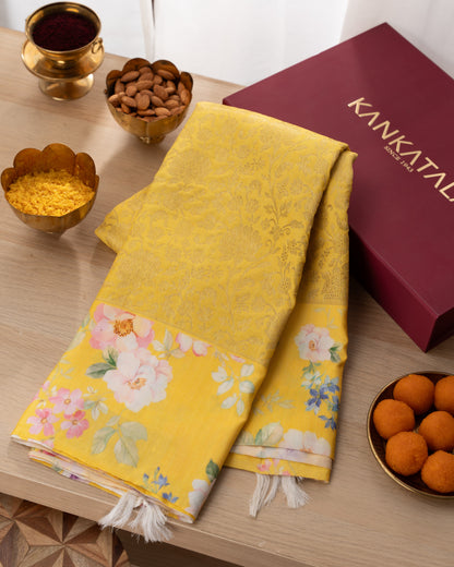 Kanchipuram Silk Brocade Yelllow Saree With Floral Print Border With Rakhi and Gift Box