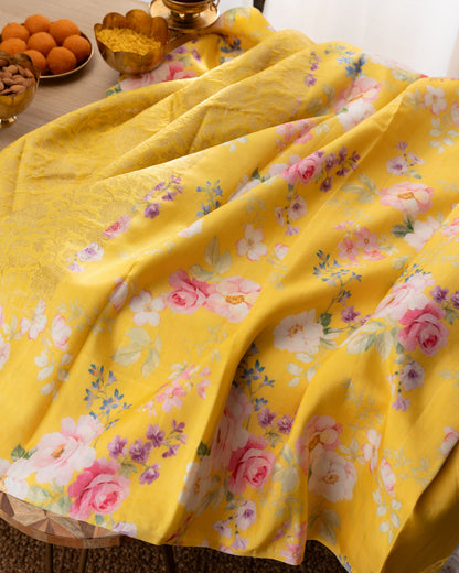 Kanchipuram Silk Brocade Yelllow Saree With Floral Print Border With Rakhi and Gift Box