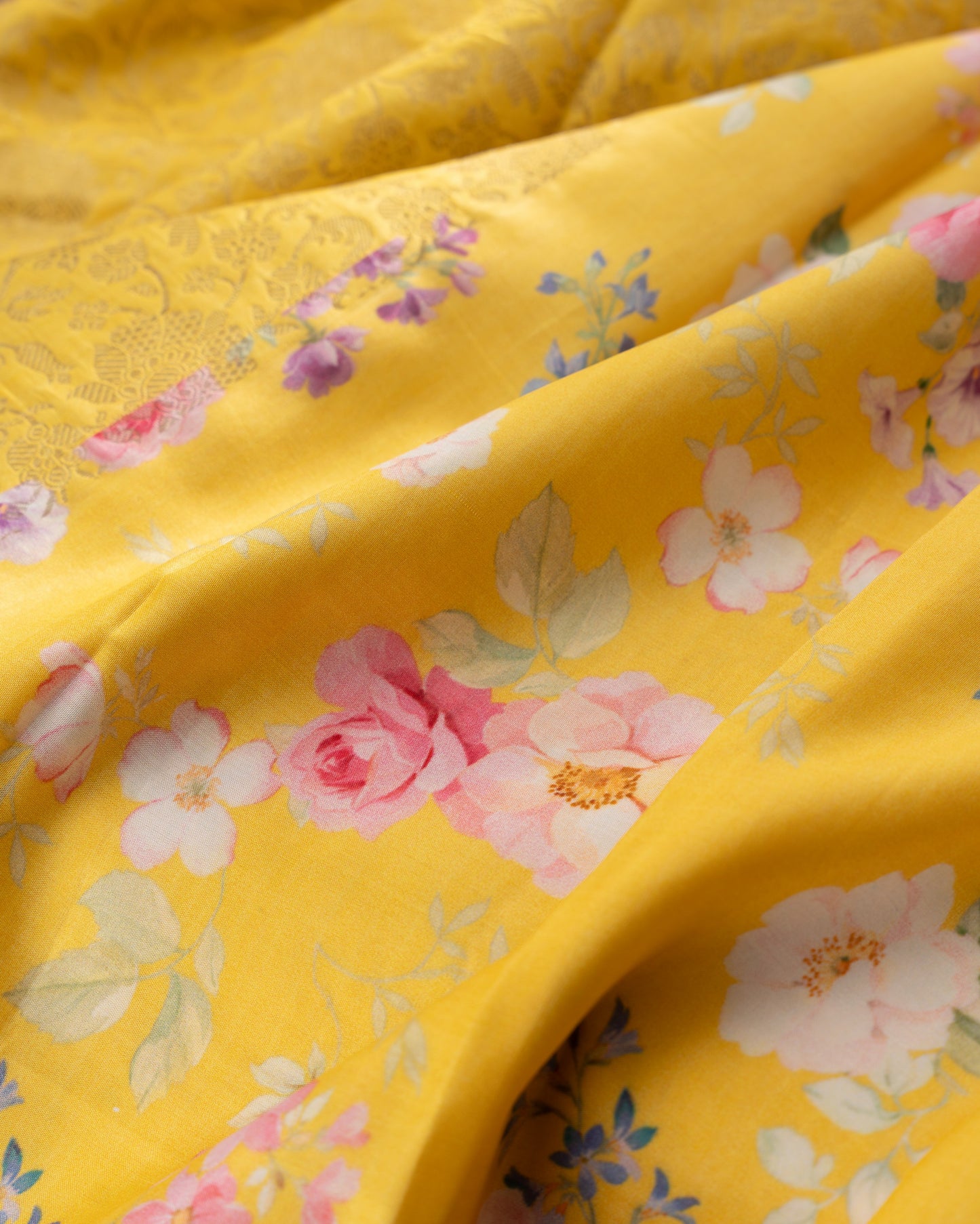 Kanchipuram Silk Brocade Yelllow Saree With Floral Print Border With Rakhi and Gift Box