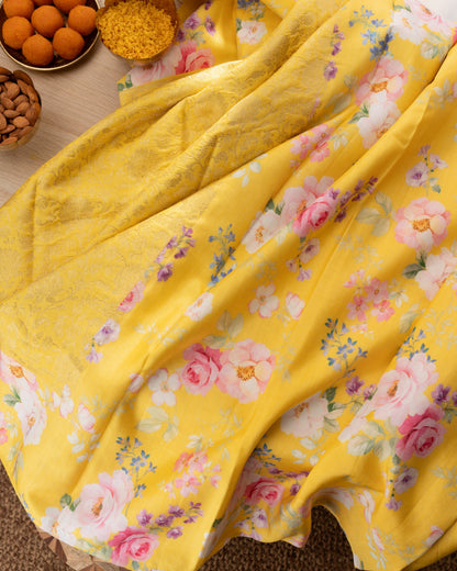 Kanchipuram Silk Brocade Yelllow Saree With Floral Print Border With Rakhi and Gift Box