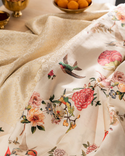 Kanchipuram Silk Brocade Cream Saree With Floral Print Border With Rakhi And Gift Box