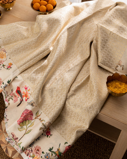 Kanchipuram Silk Brocade Cream Saree With Floral Print Border With Rakhi And Gift Box
