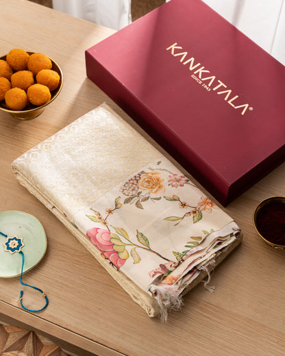 Kanchipuram Silk Brocade Cream Saree With Floral Print Border With Rakhi And Gift Box