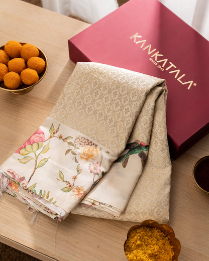 Kanchipuram Silk Brocade Cream Saree With Floral Print Border With Rakhi And Gift Box