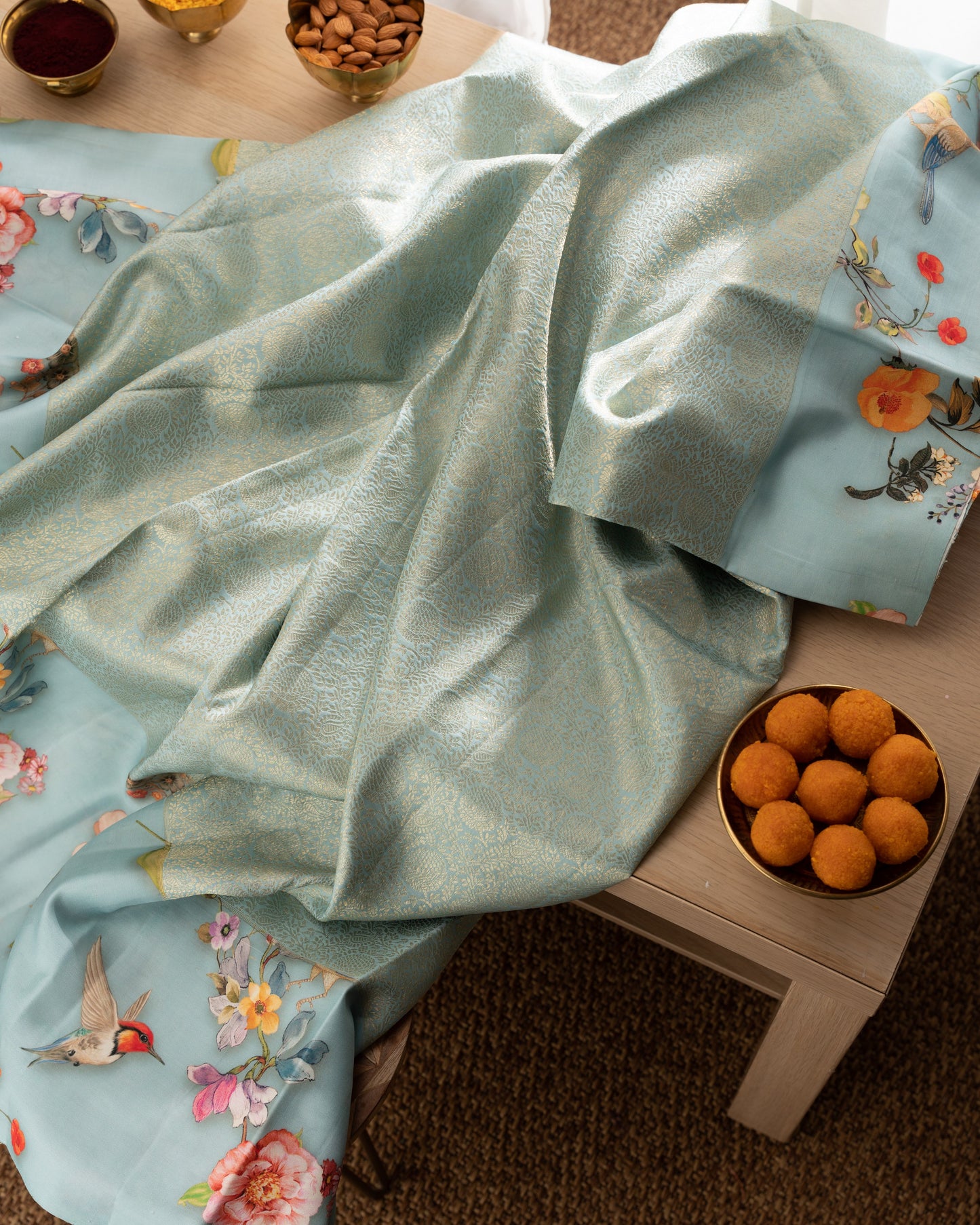 Kanchipuram Silk Brocade Blue Saree With Floral Print Border
