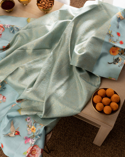 Kanchipuram Silk Brocade Blue Saree With Floral Print Border