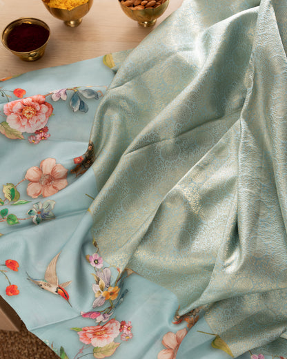 Kanchipuram Silk Brocade Blue Saree With Floral Print Border