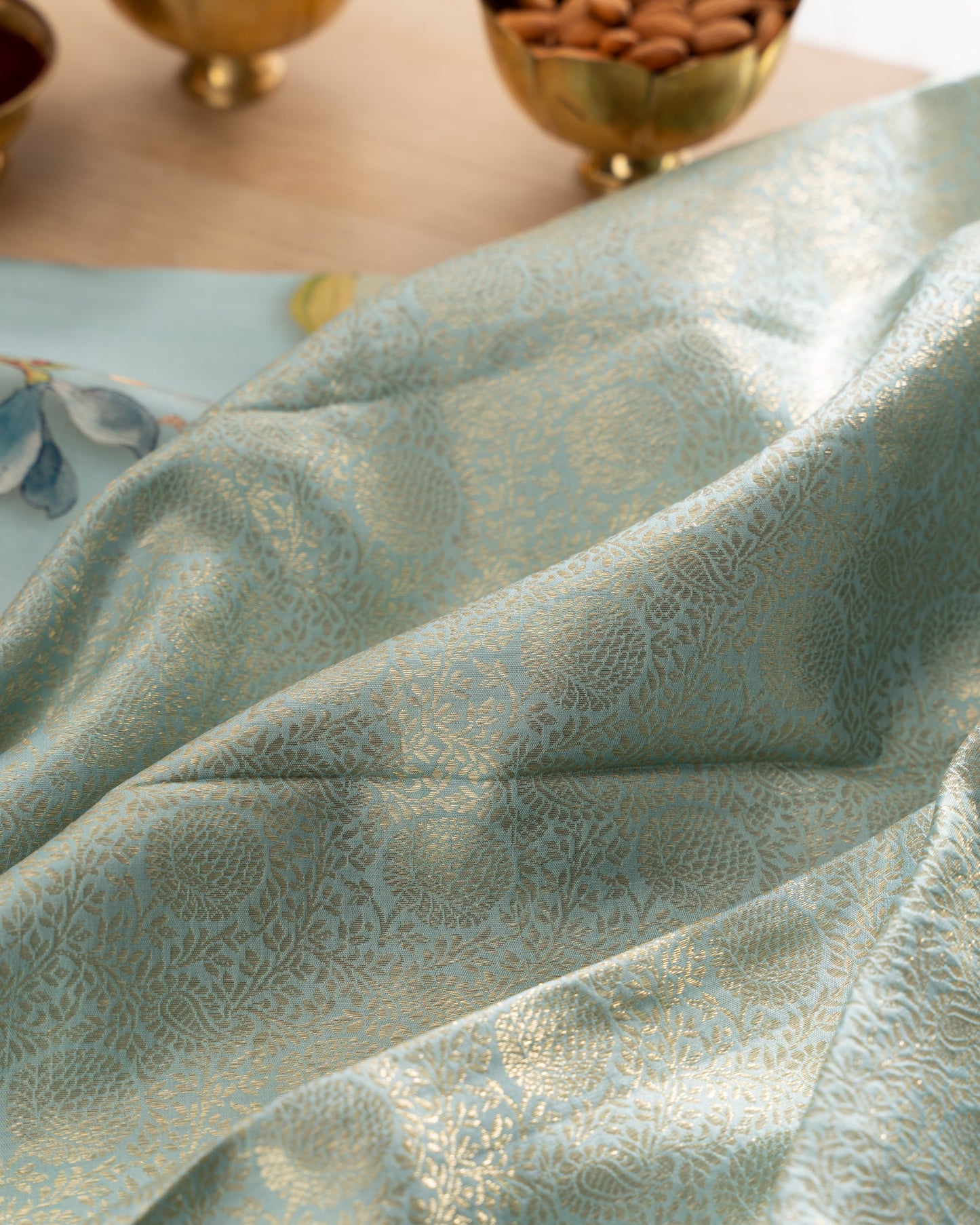 Kanchipuram Silk Brocade Blue Saree With Floral Print Border