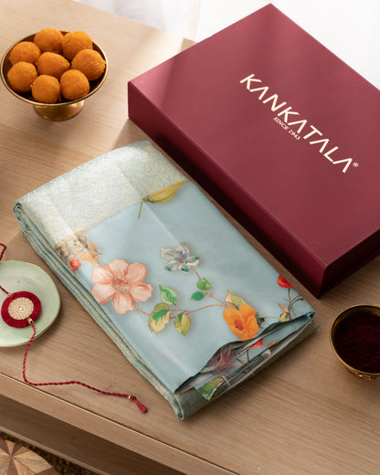 Kanchipuram Silk Brocade Blue Saree With Floral Print Border