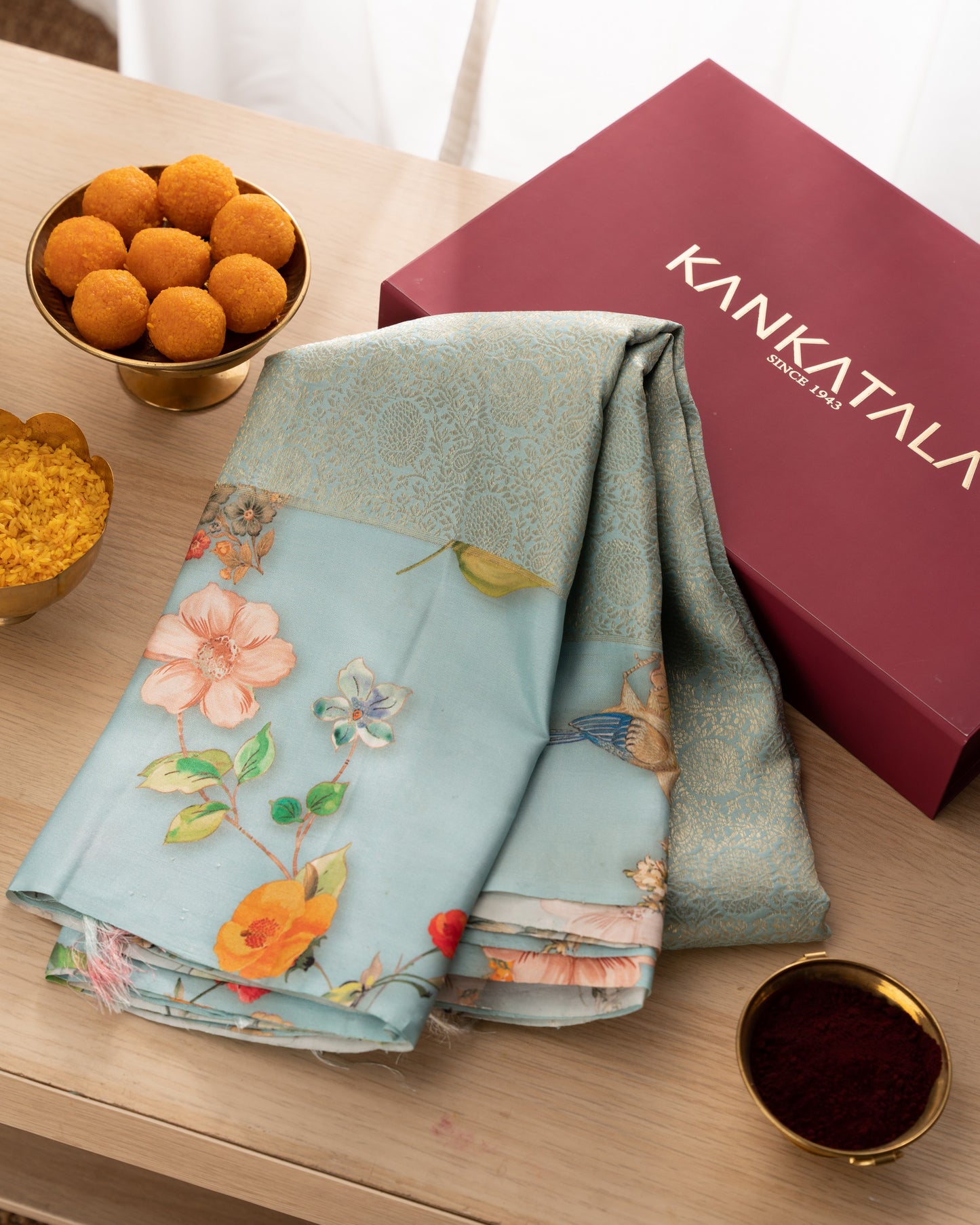 Kanchipuram Silk Brocade Blue Saree With Floral Print Border