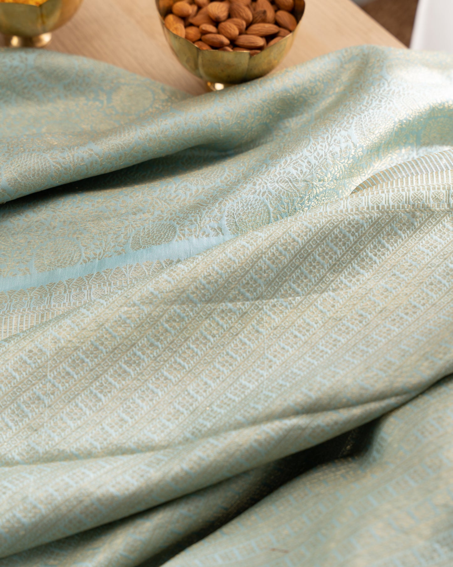 Kanchipuram Silk Brocade Blue Saree With Floral Print Border