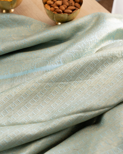 Kanchipuram Silk Brocade Blue Saree With Floral Print Border