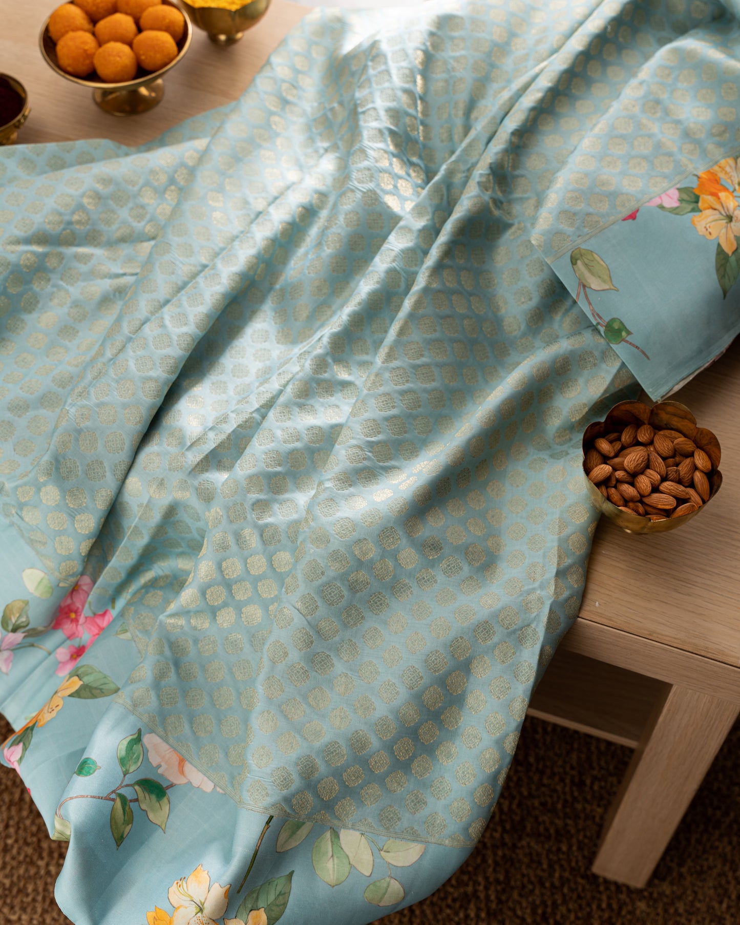 Kanchipuram Silk Brocade Blue Saree With Floral Print Border With Rakhi And Gift Box
