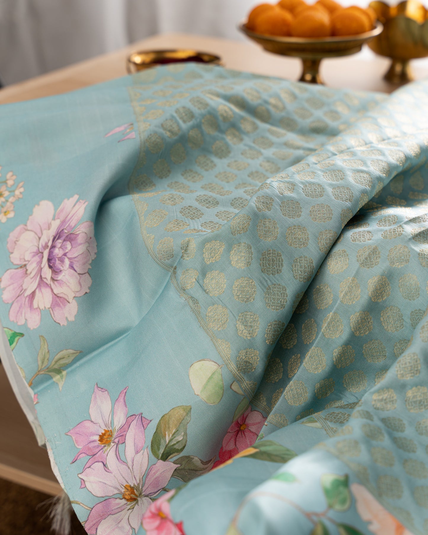 Kanchipuram Silk Brocade Blue Saree With Floral Print Border With Rakhi And Gift Box