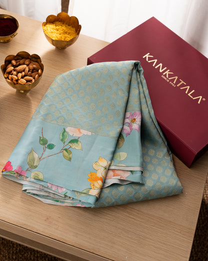 Kanchipuram Silk Brocade Blue Saree With Floral Print Border With Rakhi And Gift Box