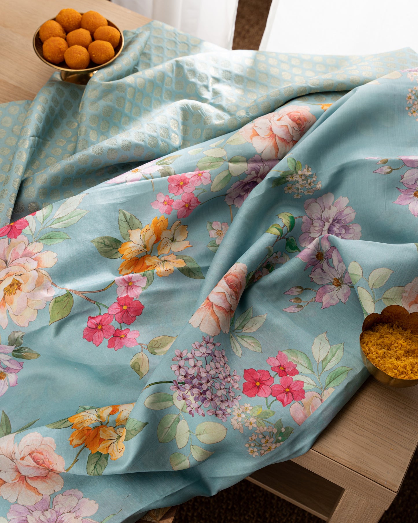 Kanchipuram Silk Brocade Blue Saree With Floral Print Border With Rakhi And Gift Box