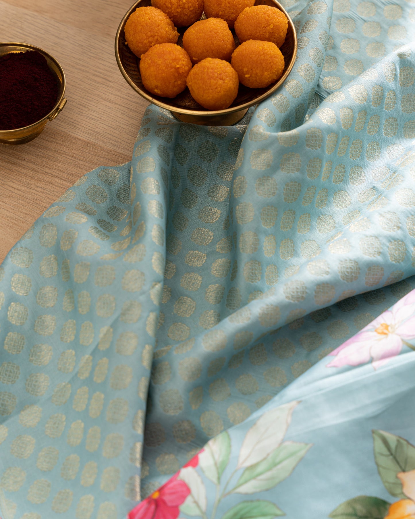 Kanchipuram Silk Brocade Blue Saree With Floral Print Border With Rakhi And Gift Box