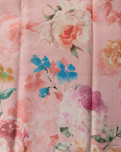 Kanchipuram Silk Brocade Baby Pink Saree With Floral Printed Border