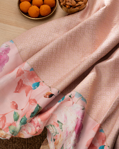 Kanchipuram Silk Brocade Baby Pink Saree With Floral Printed Border