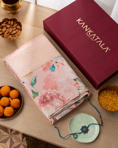 Kanchipuram Silk Brocade Baby Pink Saree With Floral Printed Border
