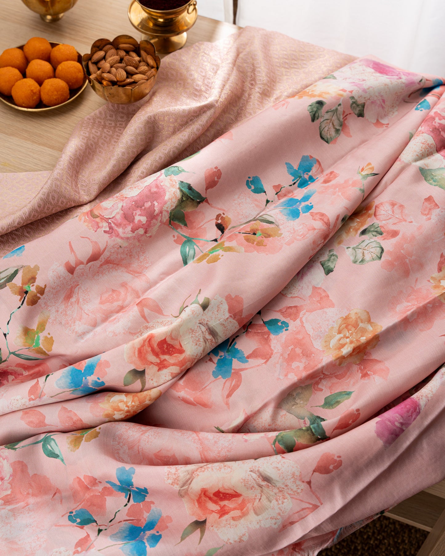 Kanchipuram Silk Brocade Baby Pink Saree With Floral Printed Border